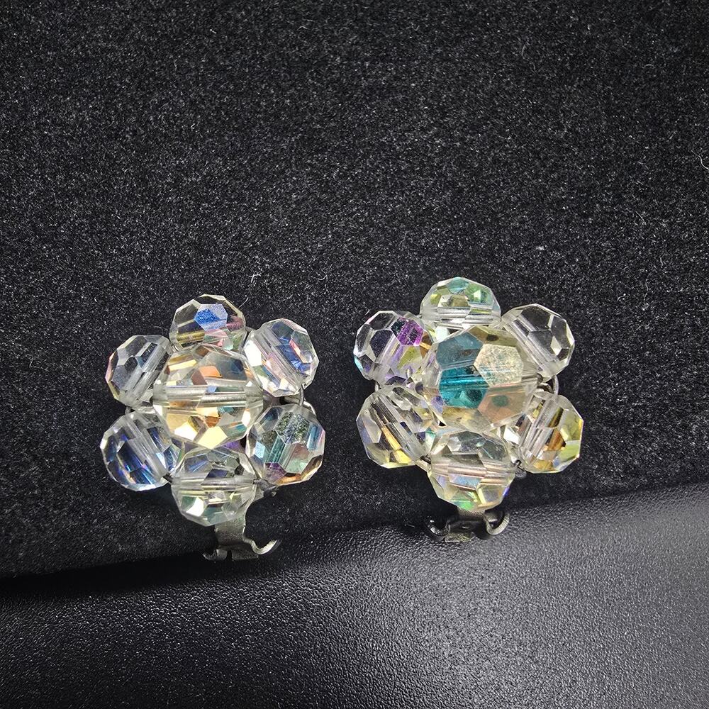 Aurora Borealis Beaded Clip On Earrings Vintage Costume Jewelry